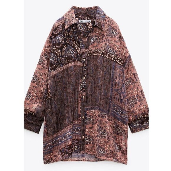 Zara Patchwork Shirt Blouse Top M Oversized Paisley Boho Brown Semi Sheer Collar - Picture 2 of 16